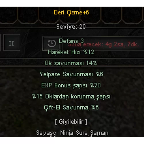  +6 DERİ ÇİZME 4 EFSUN 15 OKLARDAN KORUNMA 20 EXP BONUS 6 ÇİFTEL 6 YELPAZE